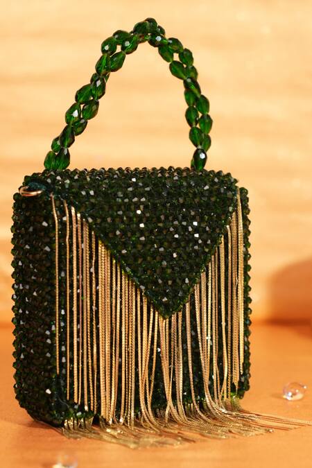 House Of Kosha_Green Crystals, Chains Natali Embellished Mini Bag _Online_at_Aza_Fashions