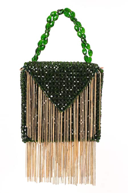Shop_House Of Kosha_Green Crystals, Chains Natali Embellished Mini Bag _Online_at_Aza_Fashions