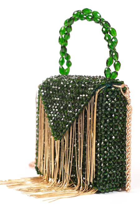 House Of Kosha_Green Crystals, Chains Natali Embellished Mini Bag _at_Aza_Fashions