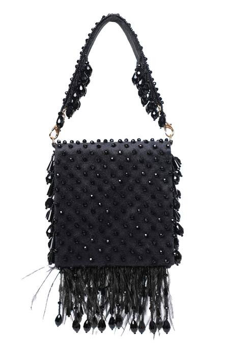 Buy_House Of Kosha_Black Crystals, Feathers Luna Suede Embellished Mini Bag _Online_at_Aza_Fashions