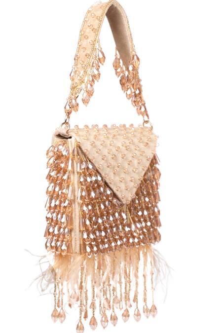 House Of Kosha_Gold Crystals, Feathers Luna Suede Embellished Mini Bag _Online_at_Aza_Fashions