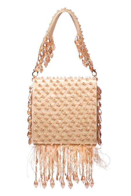 Buy_House Of Kosha_Gold Crystals, Feathers Luna Suede Embellished Mini Bag _Online_at_Aza_Fashions