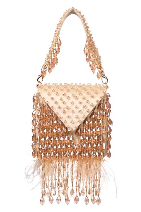 Shop_House Of Kosha_Gold Crystals, Feathers Luna Suede Embellished Mini Bag _Online_at_Aza_Fashions