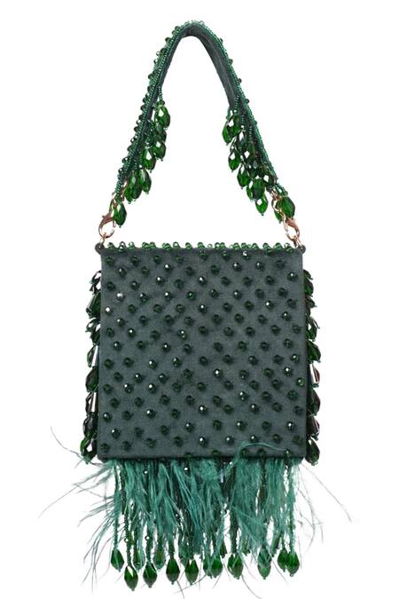 House Of Kosha_Green Crystals, Feathers Luna Suede Embellished Mini Bag _Online_at_Aza_Fashions
