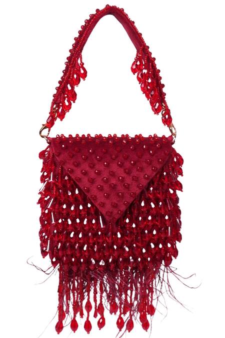 Buy_House Of Kosha_Maroon Crystals, Feathers Luna Suede Mini Bag _Online_at_Aza_Fashions