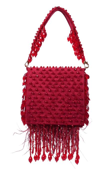 Shop_House Of Kosha_Maroon Crystals, Feathers Luna Suede Mini Bag _Online_at_Aza_Fashions