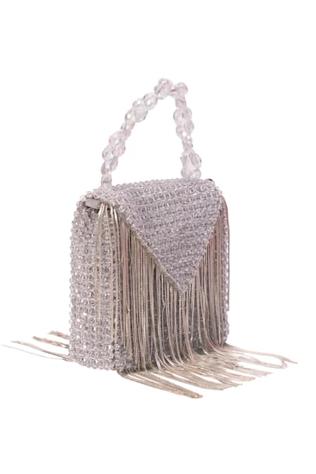 House Of Kosha_Silver Crystals, Chains Natali Embellished Mini Bag _Online_at_Aza_Fashions