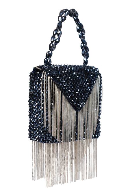 Shop_House Of Kosha_Navy Crystals, Chains Blue Embellished Mini Bag _Online_at_Aza_Fashions