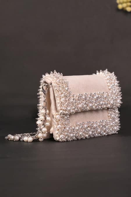 House Of Kosha Ivory Pearl Embellished Mini Clutch 