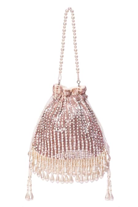 House Of Kosha_Pink Sequins, Pearls Suede Embellished Potli _Online_at_Aza_Fashions