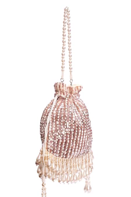 Buy_House Of Kosha_Pink Sequins, Pearls Suede Embellished Potli _Online_at_Aza_Fashions