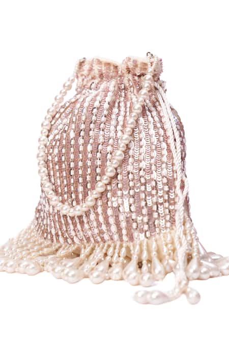 Shop_House Of Kosha_Pink Sequins, Pearls Suede Embellished Potli _Online_at_Aza_Fashions