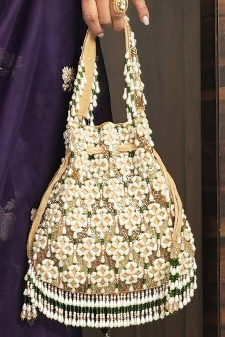 House Of Kosha_Gold Beads, Pearls Suede Embellished Potli _Online_at_Aza_Fashions
