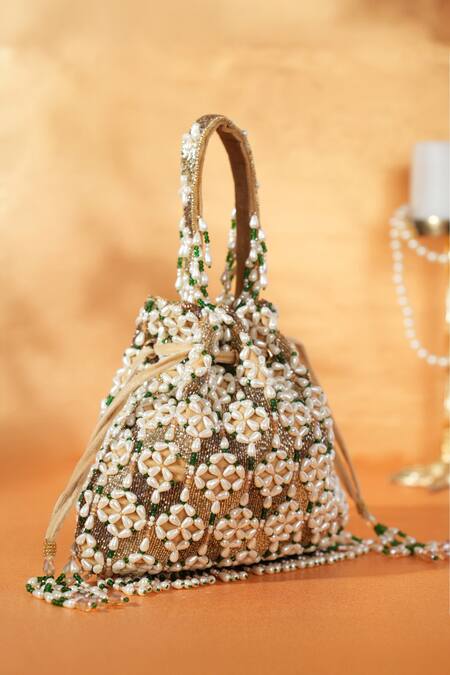 Shop_House Of Kosha_Gold Beads, Pearls Suede Embellished Potli _Online_at_Aza_Fashions