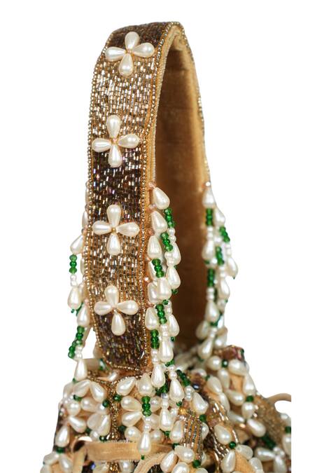 House Of Kosha_Gold Beads, Pearls Suede Embellished Potli _at_Aza_Fashions