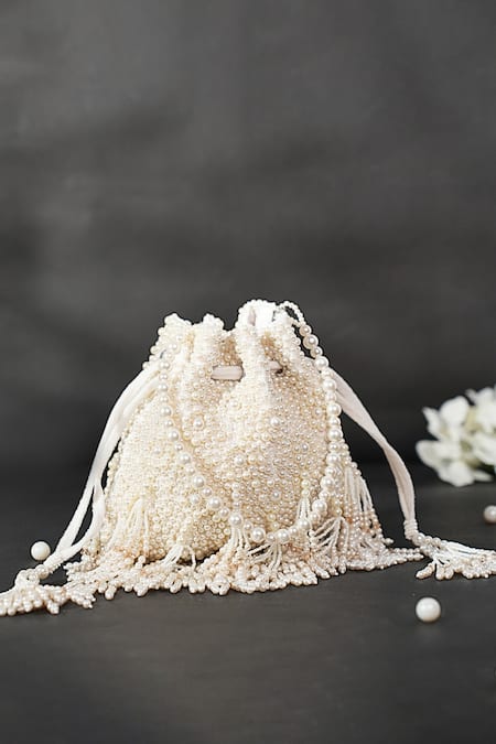 House Of Kosha_Ivory Pearls Embellished Potli _at_Aza_Fashions