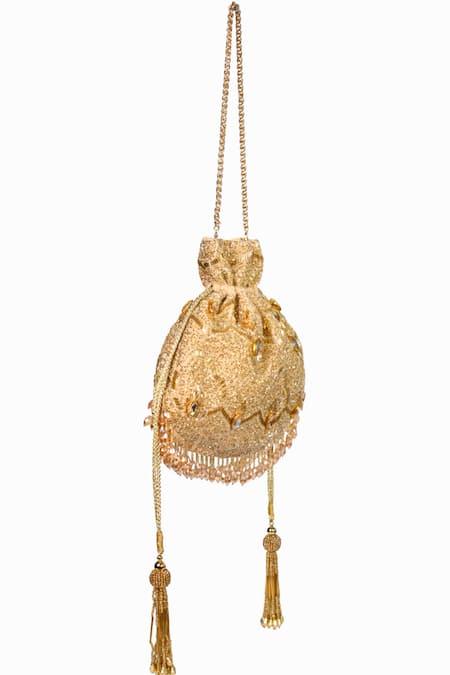 House Of Kosha_Gold Cut Work, Sequins, Crystals Sunheri Suede Embellished Potli _Online_at_Aza_Fashions