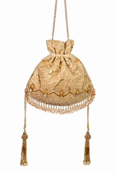 Buy_House Of Kosha_Gold Cut Work, Sequins, Crystals Sunheri Suede Embellished Potli _Online_at_Aza_Fashions