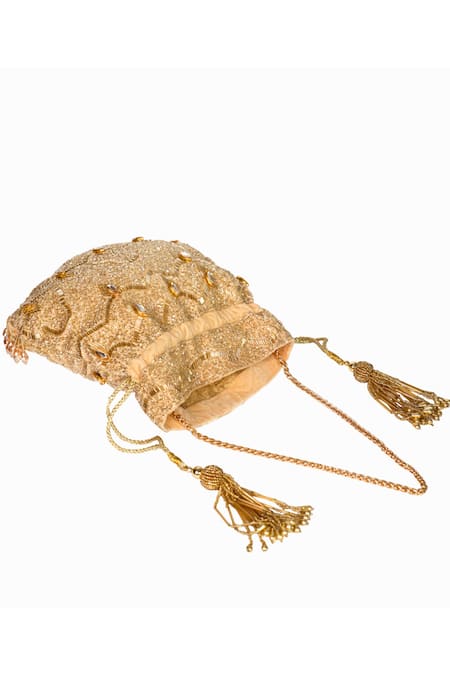 Shop_House Of Kosha_Gold Cut Work, Sequins, Crystals Sunheri Suede Embellished Potli _Online_at_Aza_Fashions