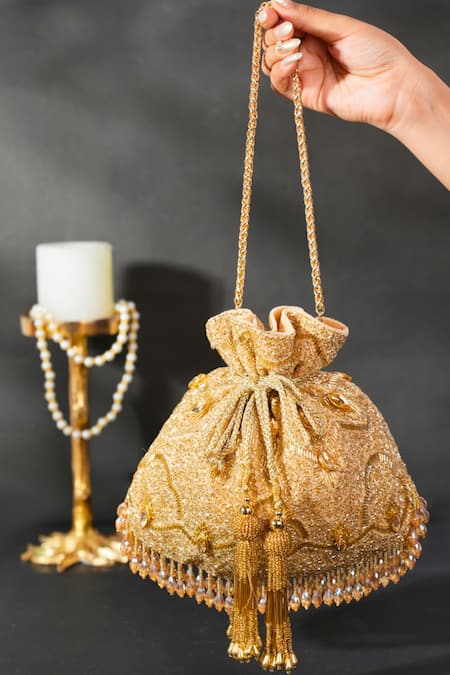 House Of Kosha Sunheri Gold Suede Embellished Potli 