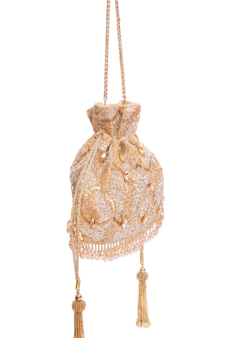 House Of Kosha_Gold Cut Work, Sequins, Crystals Sunheri And Silver Embellished Potli _Online_at_Aza_Fashions