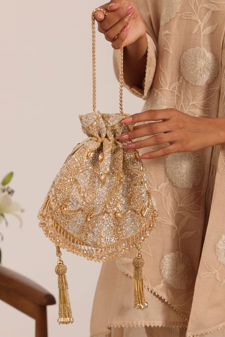 Shop_House Of Kosha_Gold Cut Work, Sequins, Crystals Sunheri And Silver Embellished Potli _Online_at_Aza_Fashions