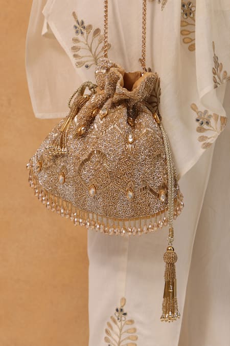 House Of Kosha_Gold Cut Work, Sequins, Crystals Sunheri And Silver Embellished Potli _at_Aza_Fashions