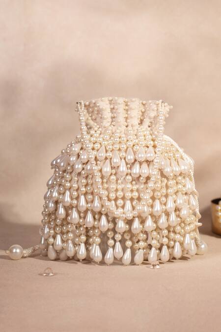 Shop_House Of Kosha_Ivory Pearls Zarah Suede Potli _Online_at_Aza_Fashions