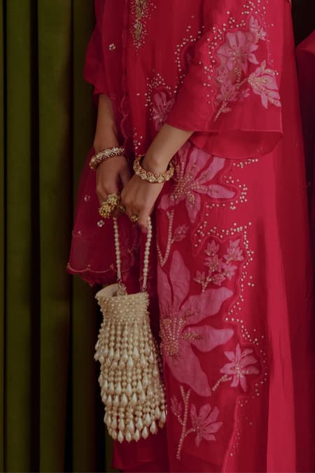 House Of Kosha Ivory Pearls Zarah Suede Potli 