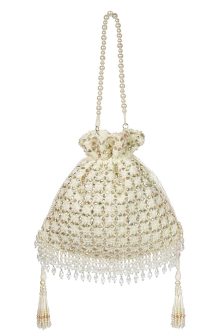 House Of Kosha_Ivory Embroidery, Sequins, Tassels Kundan Embellished Potli Bag _Online_at_Aza_Fashions