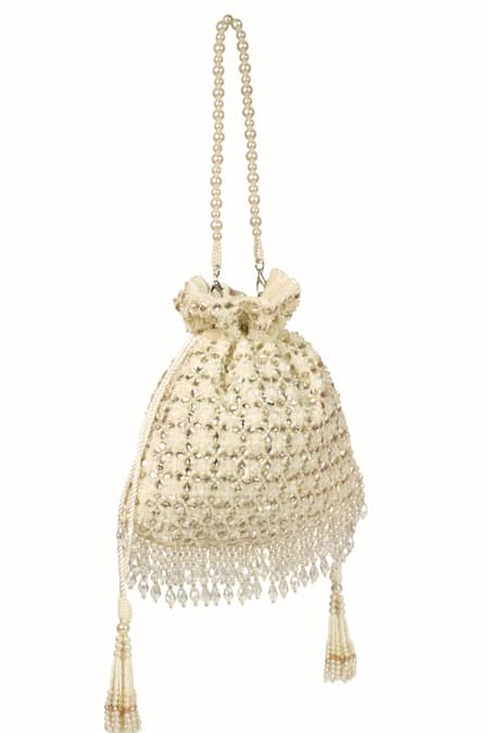 Buy_House Of Kosha_Ivory Embroidery, Sequins, Tassels Kundan Embellished Potli Bag _Online_at_Aza_Fashions