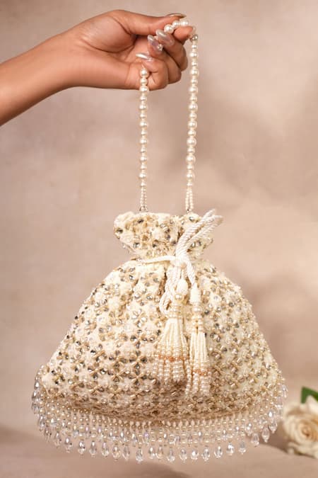 House Of Kosha Ivory Embroidery, Sequins, Tassels Kundan Embellished Potli Bag 