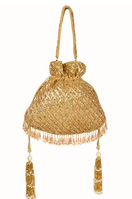 House Of Kosha_Gold Sequins, Tassels Sitara Potli _Online_at_Aza_Fashions