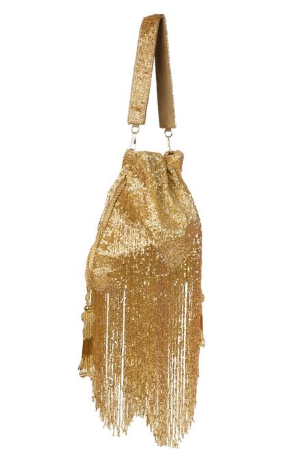 House Of Kosha_Gold Cut Work, Tassels Bailey Suede Handcrafted Potli _Online_at_Aza_Fashions