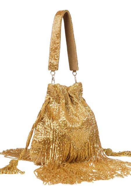 Buy_House Of Kosha_Gold Cut Work, Tassels Bailey Suede Handcrafted Potli _Online_at_Aza_Fashions