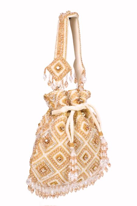 House Of Kosha_Gold Beads, Crystals, Zari Pastel Suede Embellished Potli _Online_at_Aza_Fashions