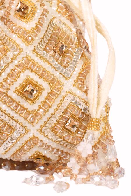 Buy_House Of Kosha_Gold Beads, Crystals, Zari Pastel Suede Embellished Potli _Online_at_Aza_Fashions