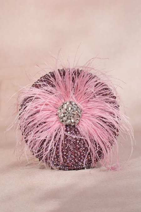 House Of Kosha_Lilac Feathers, Applique Kiraz Suede Embellished Round Clutch Bag _Online_at_Aza_Fashions