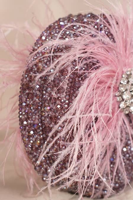 Shop_House Of Kosha_Lilac Feathers, Applique Kiraz Suede Embellished Round Clutch Bag _Online_at_Aza_Fashions