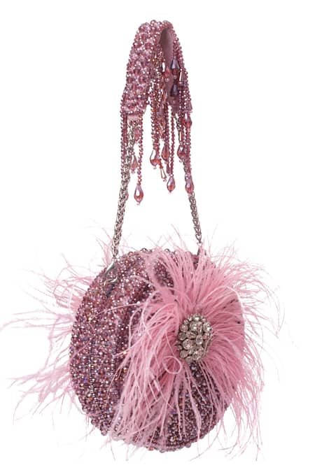 House Of Kosha_Lilac Feathers, Applique Kiraz Suede Embellished Round Clutch Bag _at_Aza_Fashions