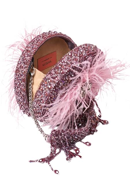 Buy_House Of Kosha_Lilac Feathers, Applique Kiraz Suede Embellished Round Clutch Bag 