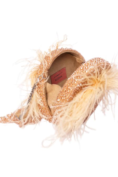 House Of Kosha_Gold Feathers, Crystals Kiraz Embellished Round Bag _Online_at_Aza_Fashions