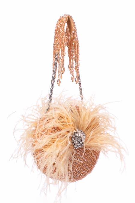 Buy_House Of Kosha_Gold Feathers, Crystals Kiraz Embellished Round Bag _Online_at_Aza_Fashions