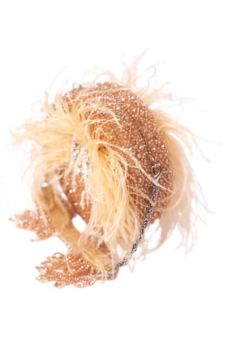 Shop_House Of Kosha_Gold Feathers, Crystals Kiraz Embellished Round Bag _Online_at_Aza_Fashions