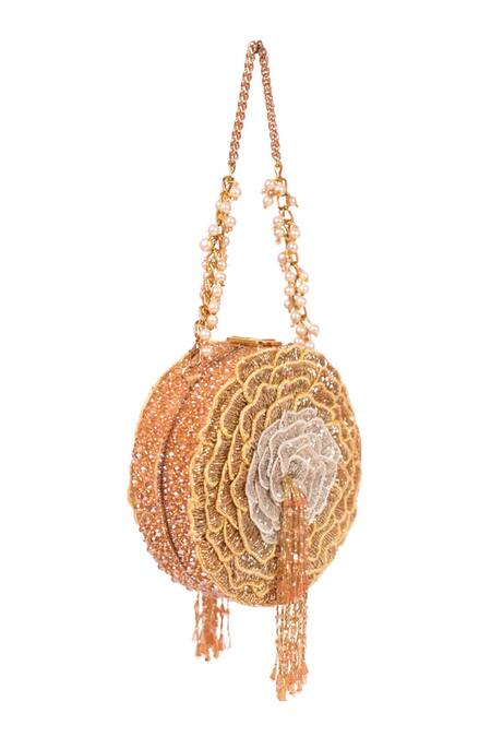 House Of Kosha_Gold Cut Work, Beads, Embroidery Ella Suede Embellished Bag _Online_at_Aza_Fashions
