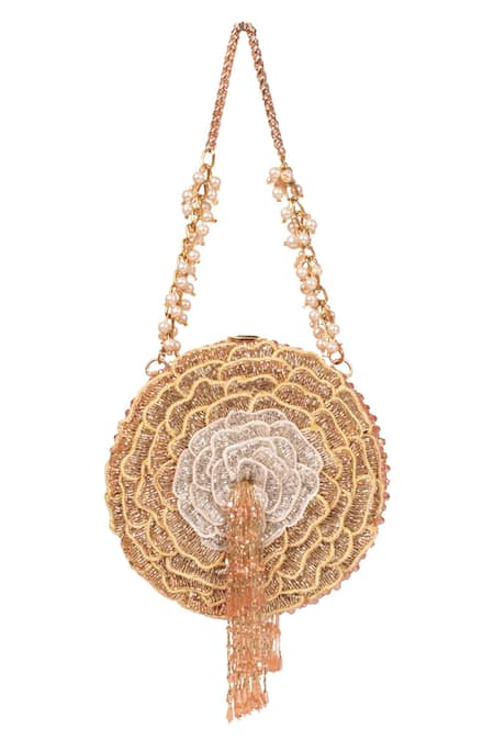 House Of Kosha Ella Gold Suede Embellished Bag 