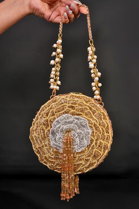 House Of Kosha Gold Cut Work, Beads, Embroidery Ella Suede Embellished Bag
