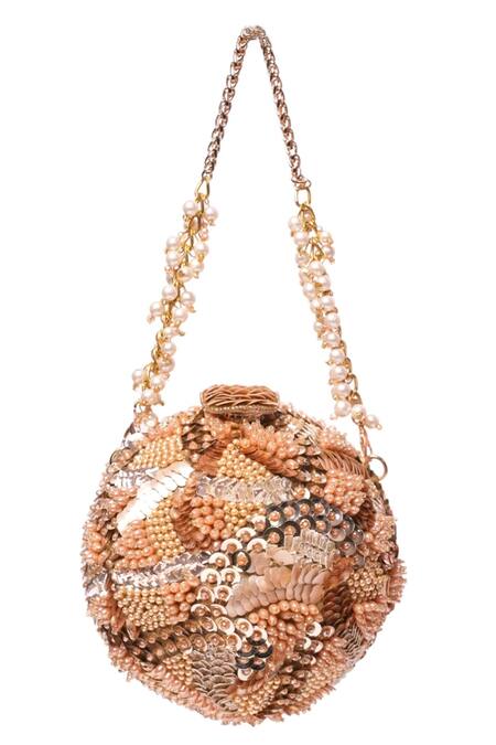 House Of Kosha_Gold Beads, Sequins, Crystals Amna Suede Embellished Round Bag _Online_at_Aza_Fashions