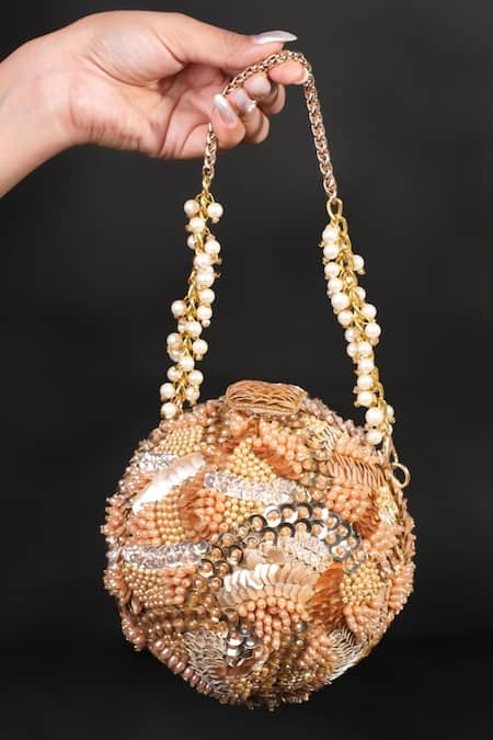 House Of Kosha Gold Beads, Sequins, Crystals Amna Suede Embellished Round Bag 
