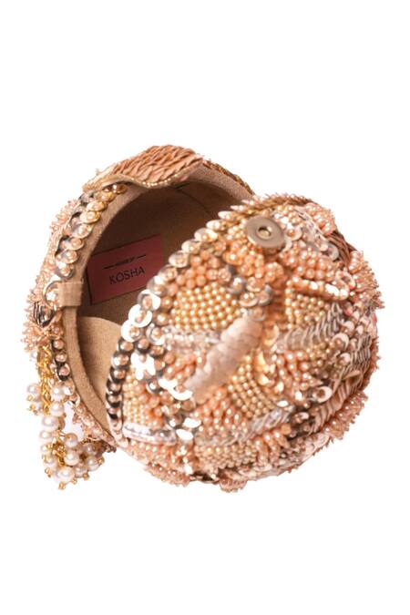 Buy_House Of Kosha_Gold Beads, Sequins, Crystals Amna Suede Embellished Round Bag _Online_at_Aza_Fashions